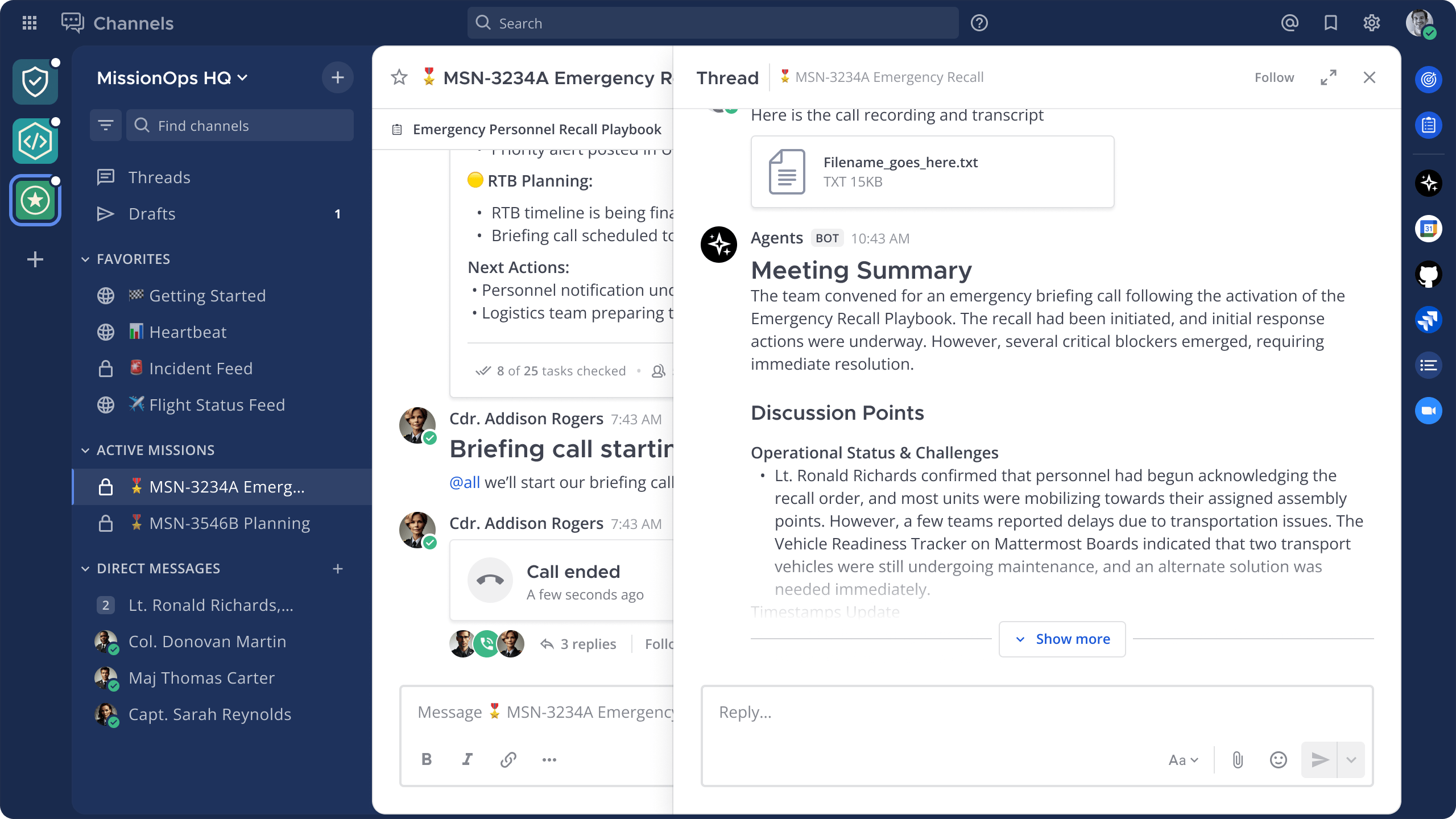 Mattermost에서 AI 에이전트가 미팅을 요약하는 이미지로, 대화에서 핵심 포인트와 액션 아이템을 추출하는 에이전트의 능력을 보여줍니다.