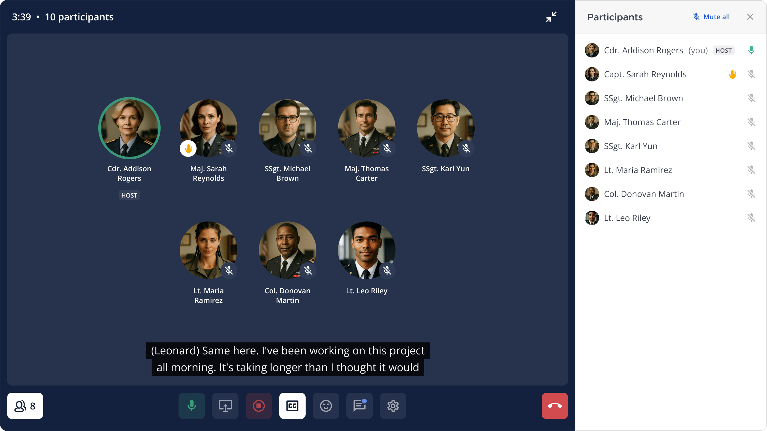 Mattermost 통화 창을 보여주는 이미지로, 채널이나 직접 메시지 내에서 안전한 음성 통화를 하고 화면을 공유할 수 있는 기능과 실시간 텍스트 자막, 전사, 요약 옵션을 강조합니다.