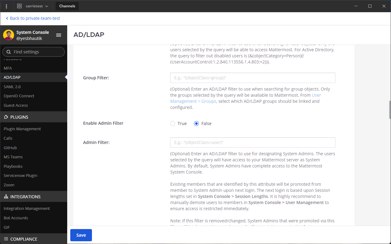 Specify the group filter in the System Console by going to Authentication > AD/LDAP.