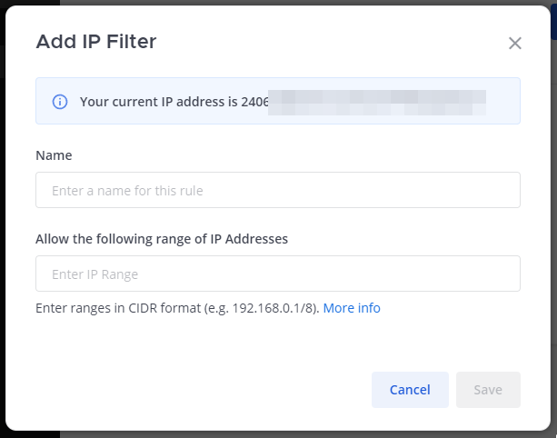 An example of adding an IP filter range for a Mattermost Cloud deployment.