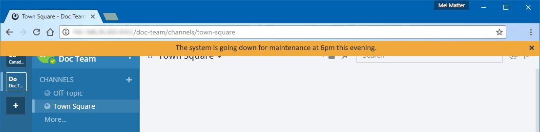 An example of an announcement banner displayed in Mattermost Channels notifying all users that the system will be going down for maintenance later that evening. System Admins enable the banner and customize the text to display, as well as configure whether or not users can dismiss the banner.