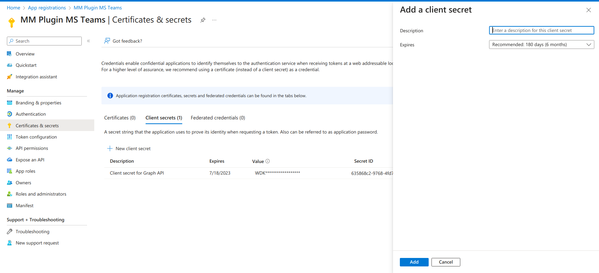 In Azure, enter client secret details.