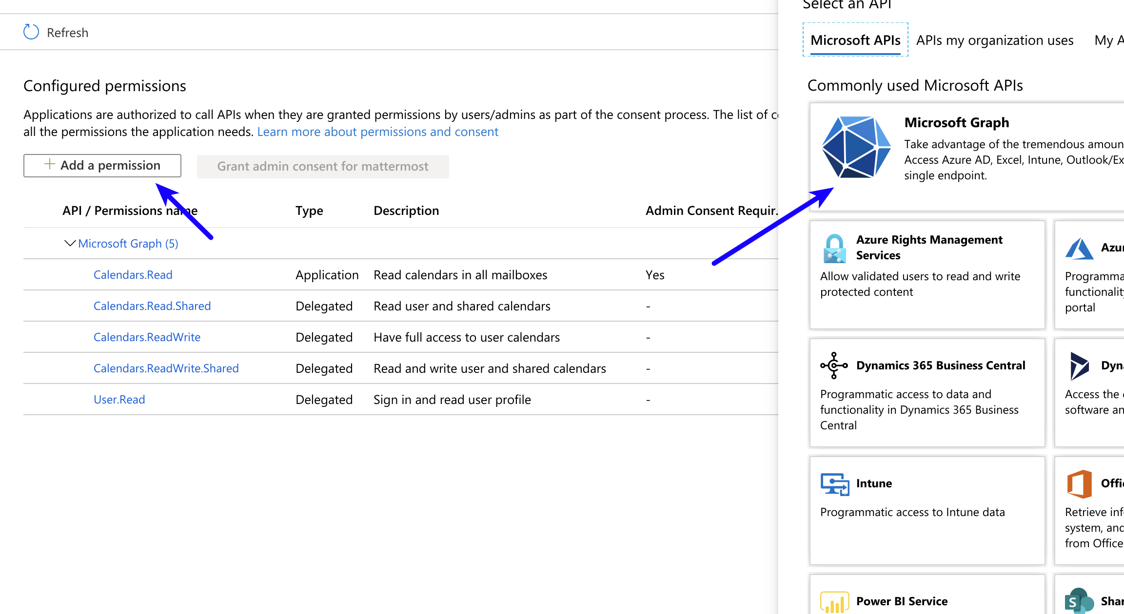 In Azure, manage API permissions for the Mattermost app.