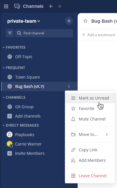 When you hover over channels in the channel sidebar, you can access more message options from the More icon.