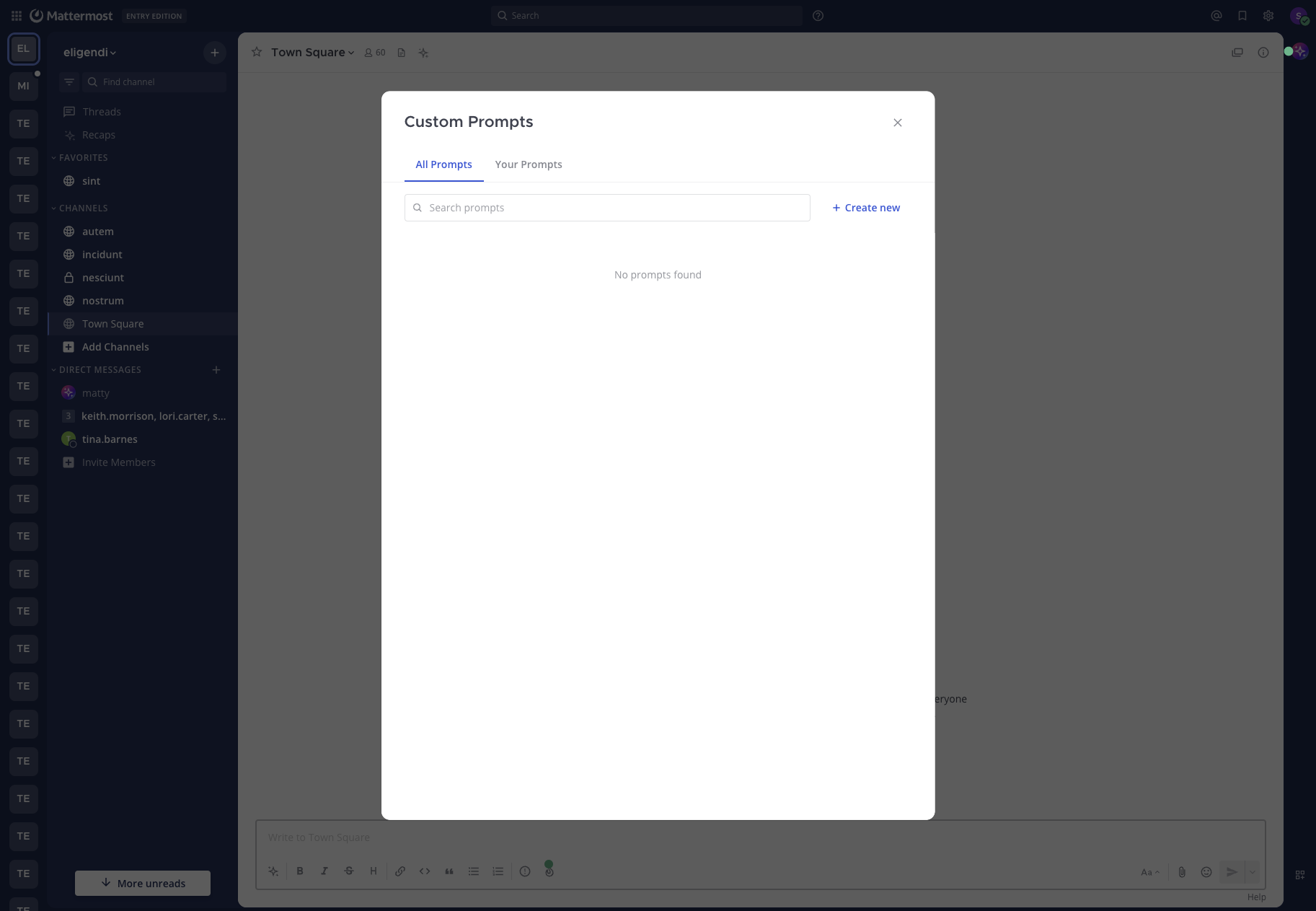 Custom Prompts modal showing the All Prompts and Your Prompts tabs, search field, and Create new action.