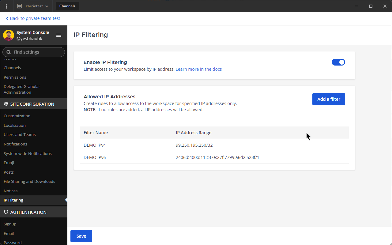 An example of enabling and disabling Mattermost IP filtering in the System Console.