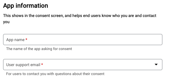 Configure the consent screen app name and user support email.