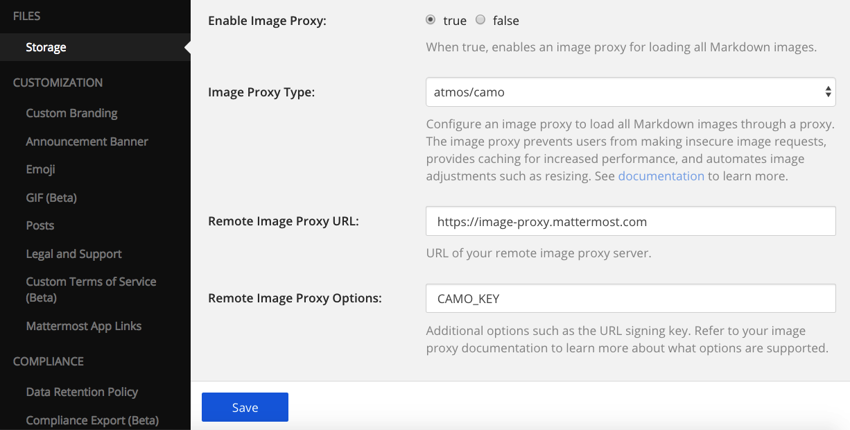 Enable and configure an atmos/camo image proxy in the System Console by going to Environment > Image Proxy, specifying atmos/camo as the proxy type, providing the URL of the remote image proxy server, and by specifying the CAMO_KEY secret string.