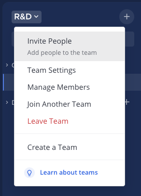 Select the team name in the sidebar and select Invite People.