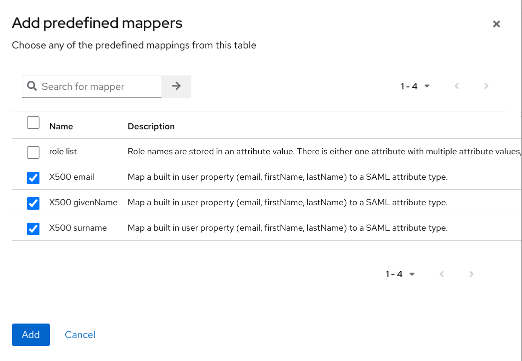 In Keycloak, on the Mappers tab, add default attributes