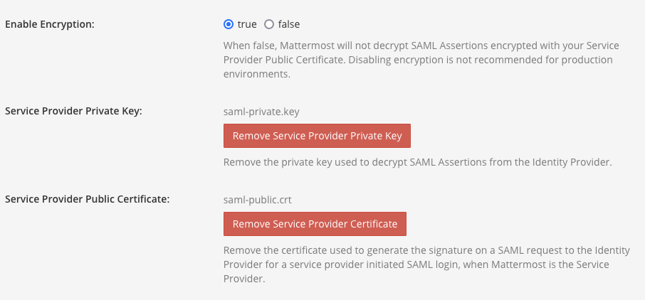 In the System Console, upload both the Service Provider Private Key and the Service Provider Private Certificate.