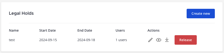 An example of the Legal Hold management interface available to Mattermost system admins.