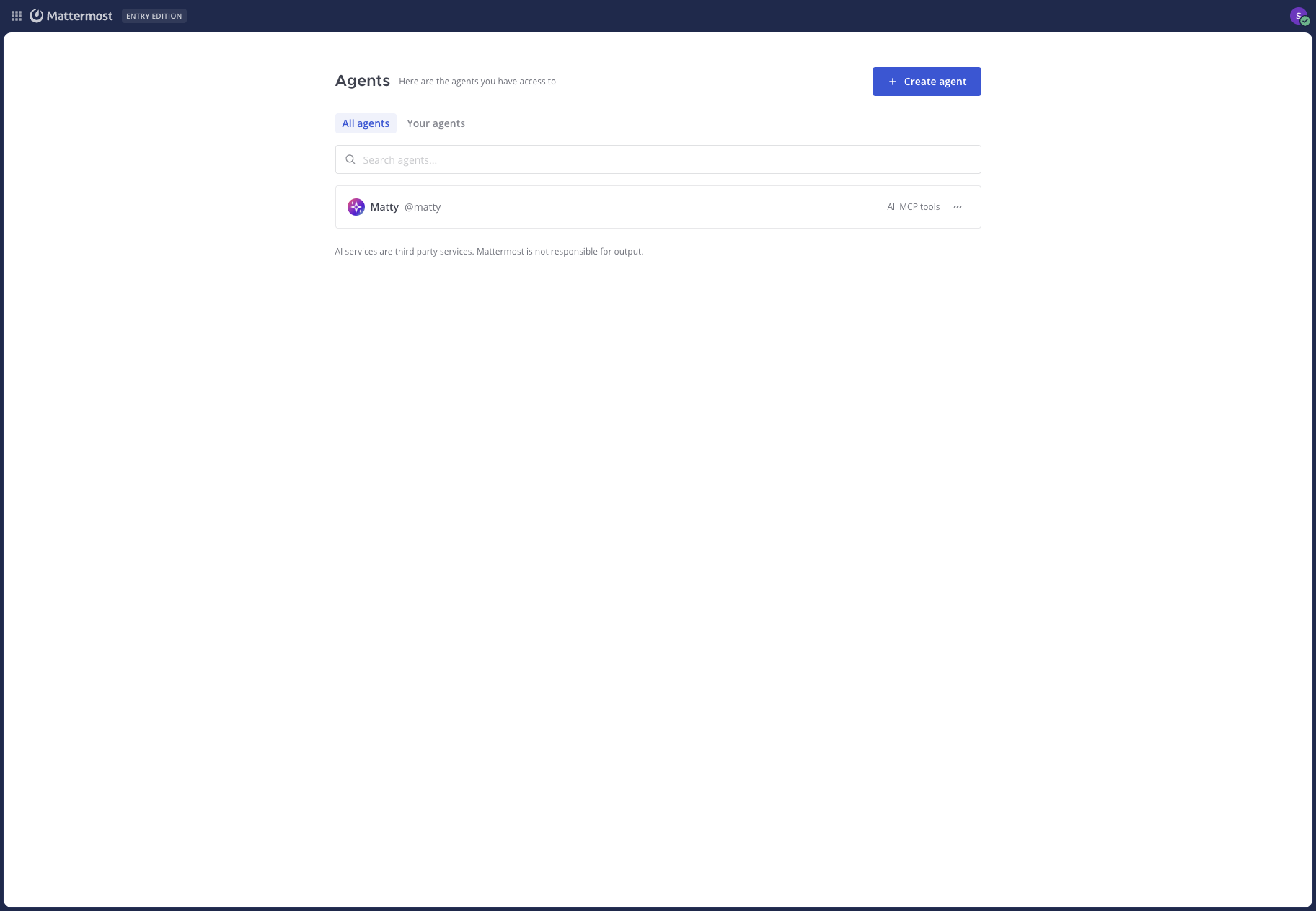 Agents page showing the All agents tab and Create agent button.