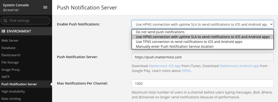 Configure a licensed self-hosted Mattermost deployment to use the Mattermost Hosted Push Notification Server (HPNS) in the System Console by going to Environment > Push Notification Server. Select the HPNS option, then specify the server URL.
