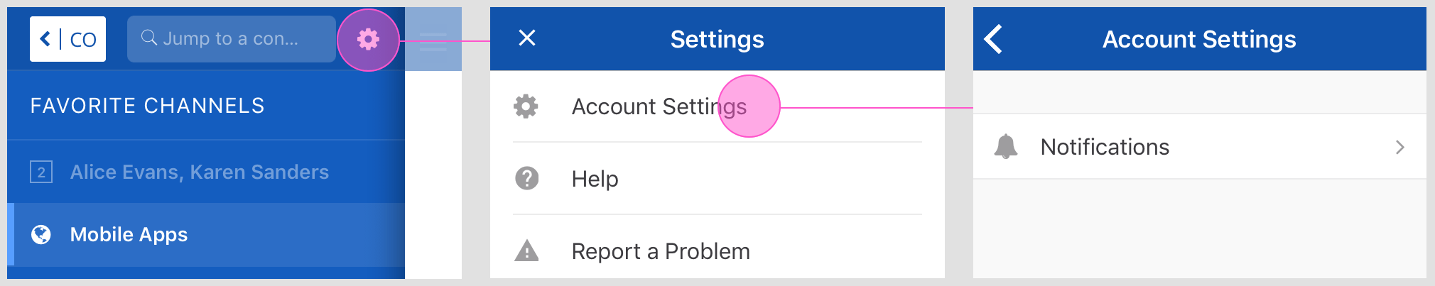 Ensure push notifications are enabled by selecting the Settings icon located in the top-right corner of the screen.