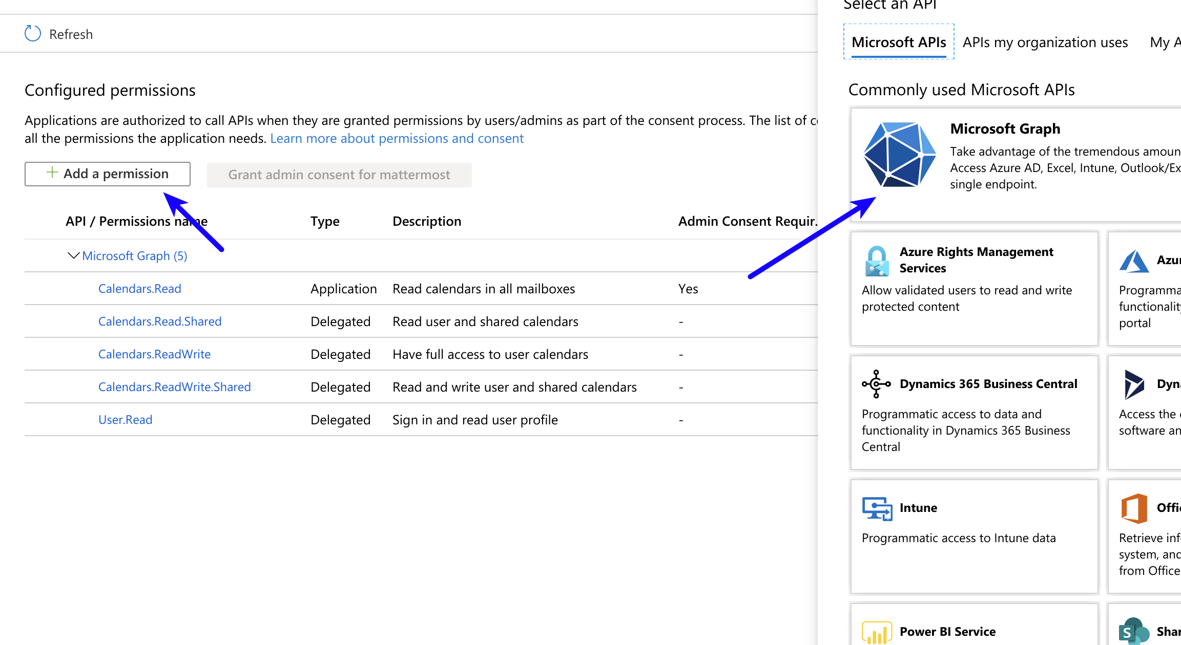 In Azure, add a permission for Microsoft Graph.