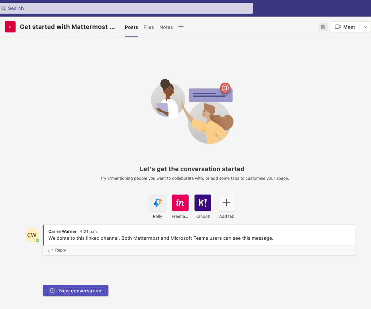 An example of a Mattermost channel that is synced with a channel on Microsoft Teams.