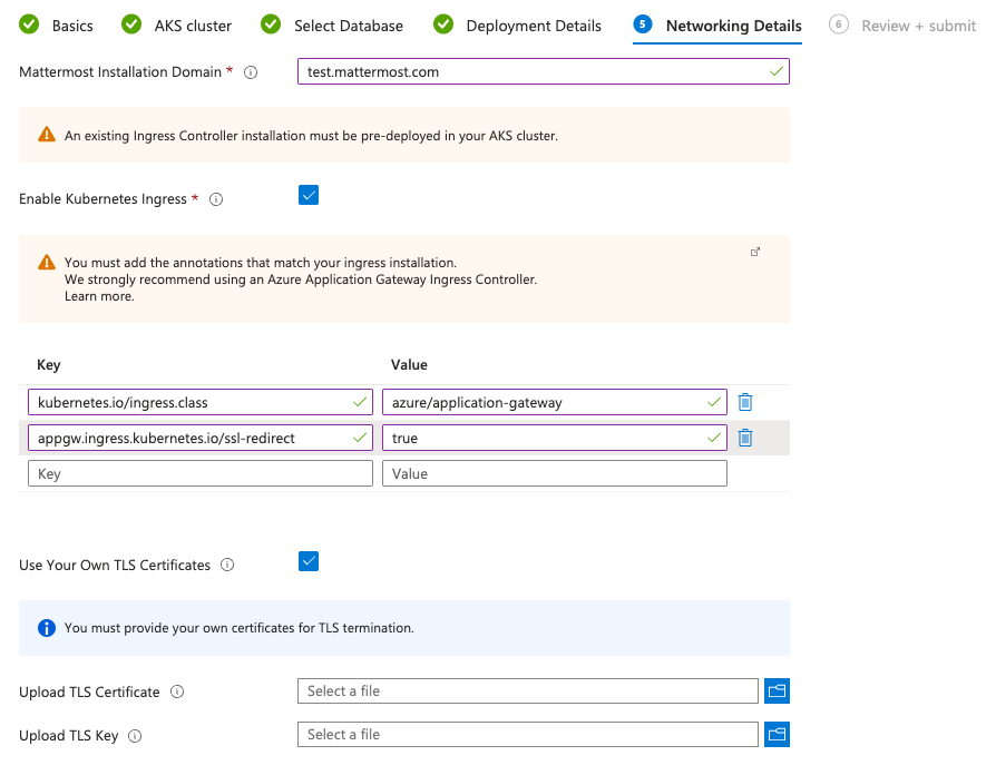 An example of the Azure AKS Networking Details setup screen.