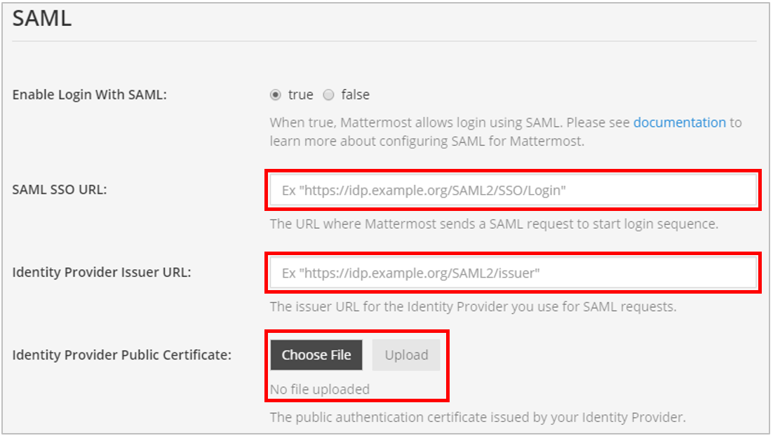 In the Mattermost System Console, go to Authentication > SAML 2.0 to manually enter the SAML SSO URL and Identity Provider Issuer URL, and upload the Identity Provider Public Certificate manually.