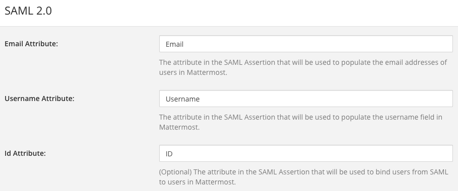 Set attributes for the SAML Assertions used to update user information in Mattermost.  Attributes for Email, Username, and Id are required and should match the values set in Okta.