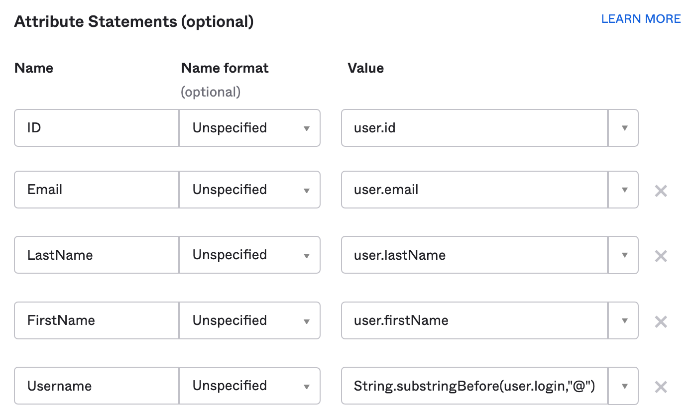Enter attribute statements used to map attributes between Okta and Mattermost. Email and username attributes are required. Okta also requires an ID attribute that must be mapped to user.id.