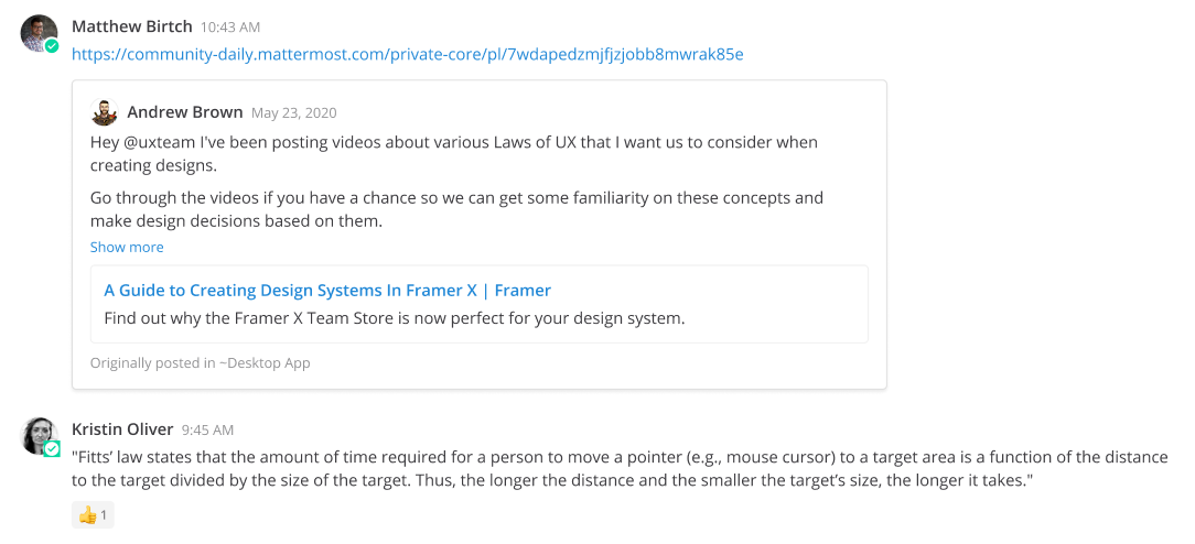 Mattermost generates previews of links shared in Channels.