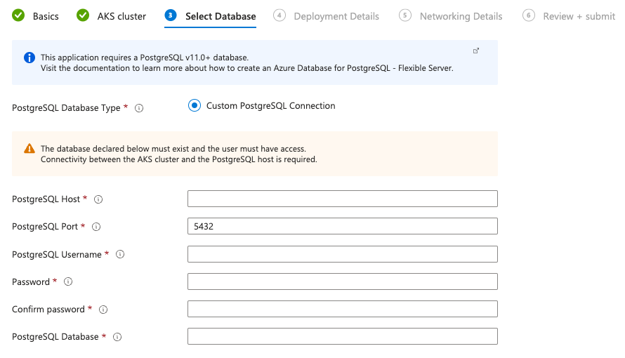 An example of the Azure AKS Database setup screen.