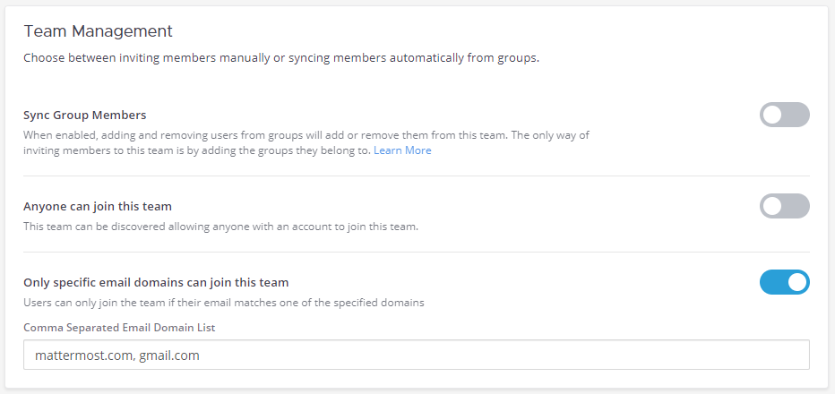 Enable Only specific email domains can join this team option for a team using the System Console.