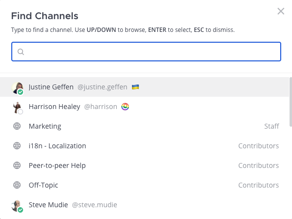Navigate between channels and review member availability.