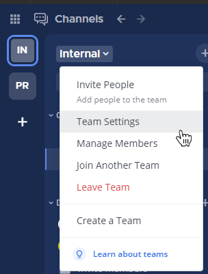 Access team settings from the team name.