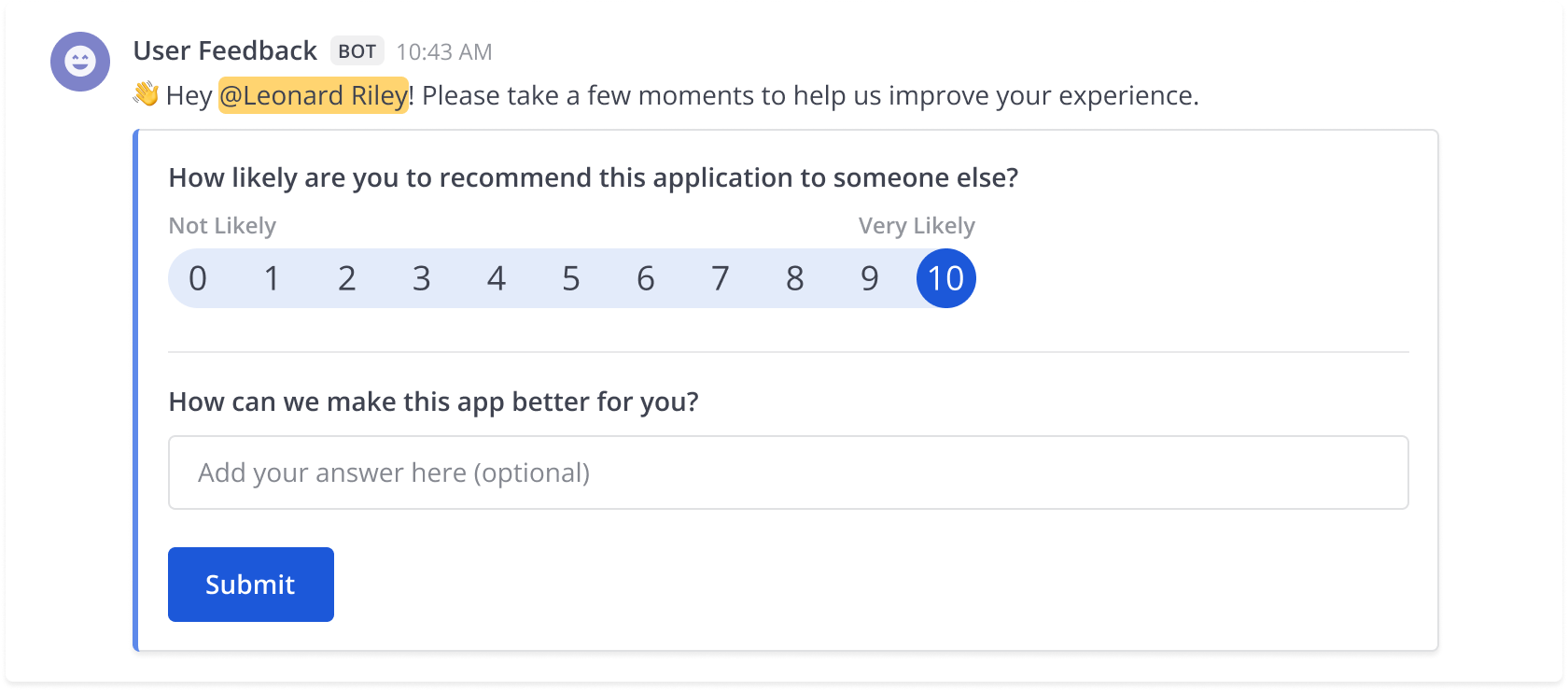 An example of the user survey provided to users.