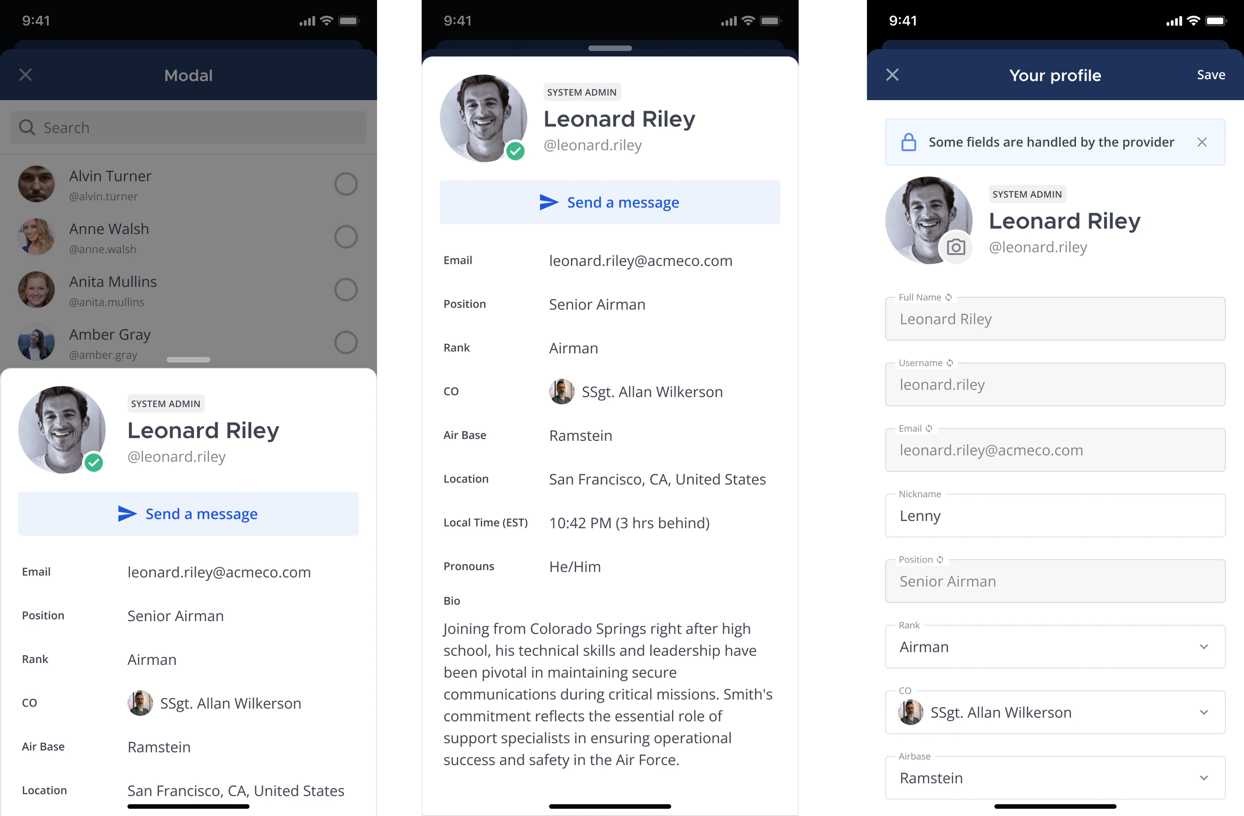 Mobile examples of a user profile with user attributes added as system attributes.