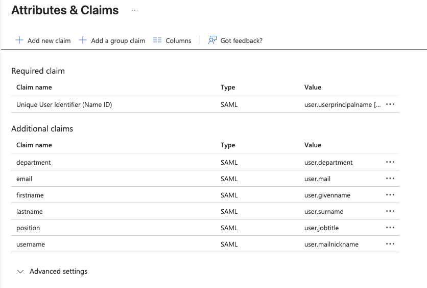Entra Attributes &amp; Claims page showing simplified claim names