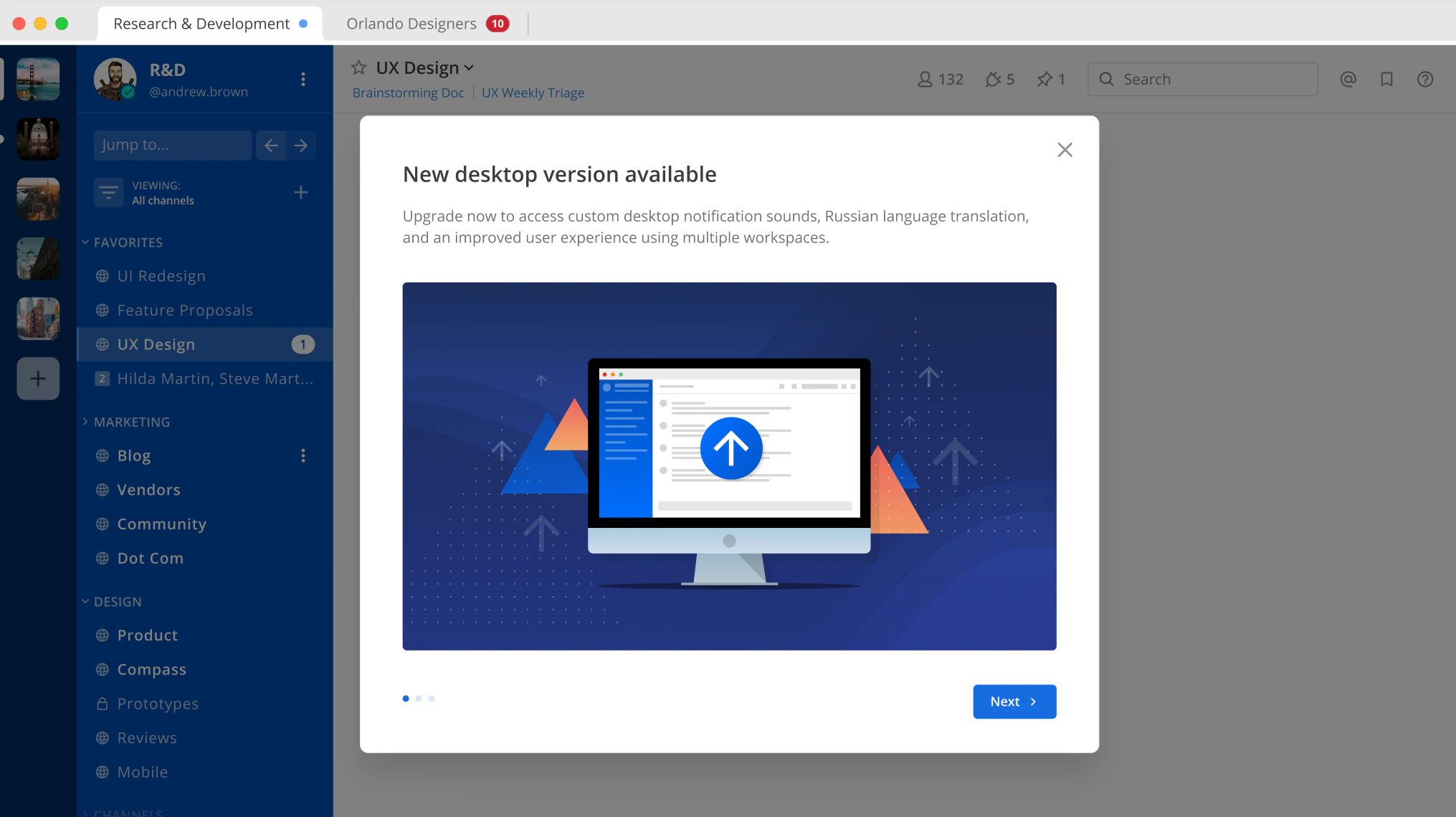An example of an end user in-product notice announcing that a new Mattermost desktop app release is available. End user notices can be disabled.