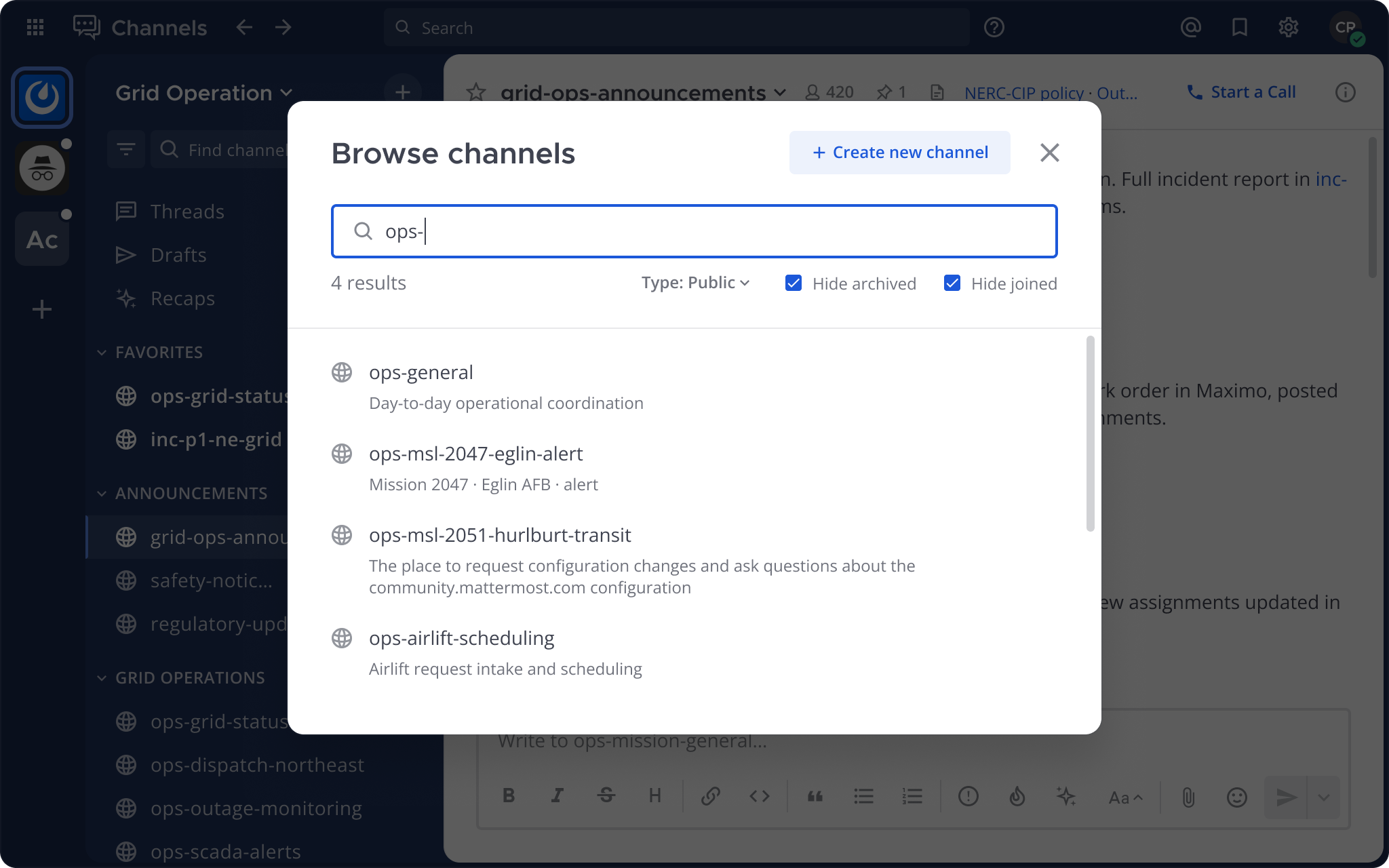 Browsing channels filtered by the ops- prefix to find related operational channels.