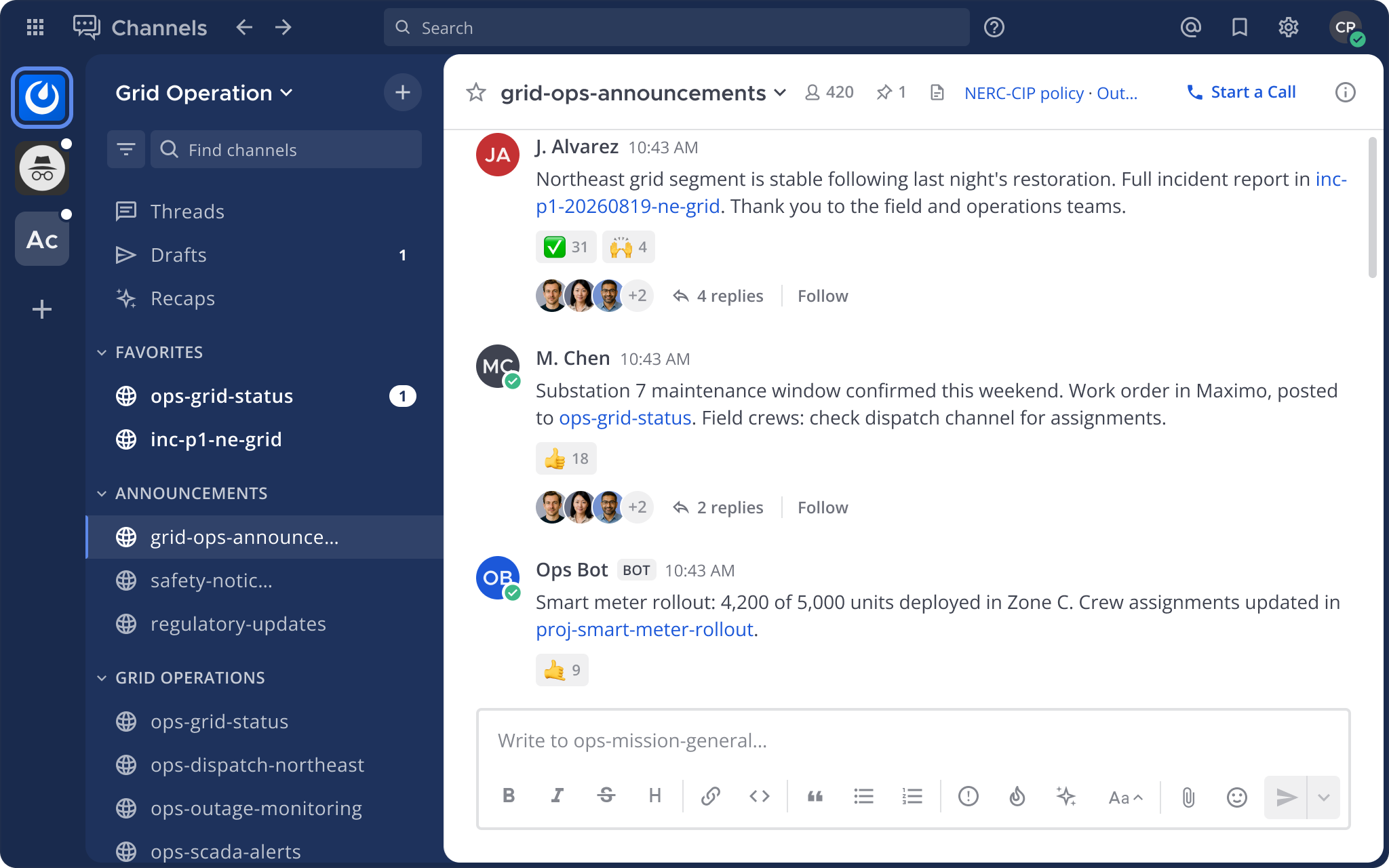 An operations workspace using shared channel prefixes and sidebar categories to keep channels discoverable.
